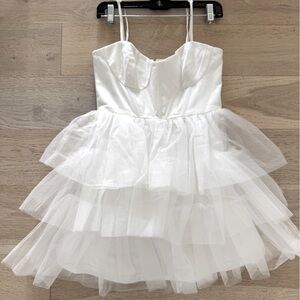 Lulus “Rule the Runway” White Tulle Tiered Mini Dress